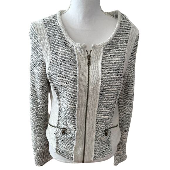 Drew Anthropologie Textured Boucle Zip Front Jacket White Black M - Picture 1 of 6